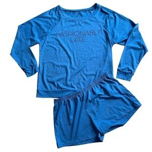 Snooze Button Womens Size XL “Fashionably Late” Pajama Set Blue 2 piece NWT